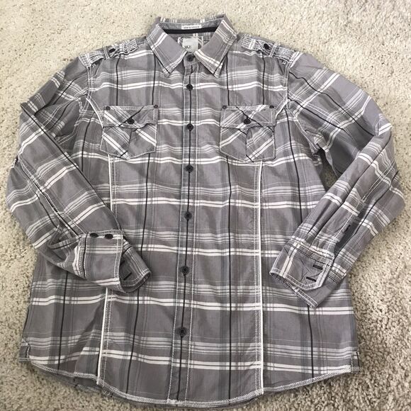 BKE Shirt Mens Long Sleeve Size XXL Slim Fit Stretch Gray Plaid Metal Button - Picture 7 of 7